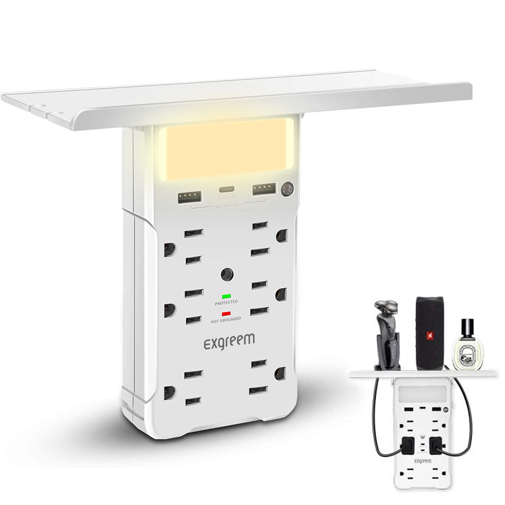 Exgreem 6 Outlet Surge Protector Wall Tap Adapter With USB C port,White